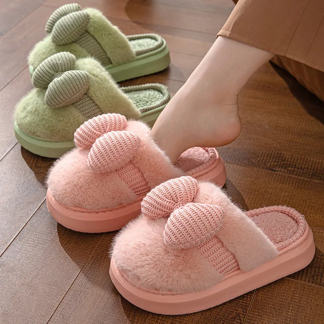 Women Fashion Plush Warm Bows Cotton Slippers Couple Winter New Thick Soft Sole Slides Men Indoor Floor Flat Home Non-slip Shoes