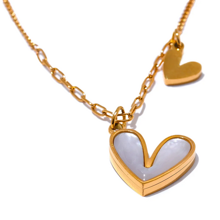 Yhpup Red Enamel White Natural Shell Stainless Steel Heart Pendant Necklace Trendy Exquisite Jewelry Attractive Accessories