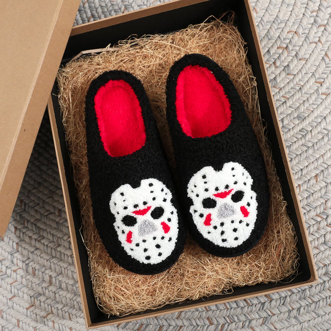 A Pair of Black Halloween Horror Mask Skull Pattern Embroider Plush Home Thick-Soled Comfortable Fur Slippers Personalized Warm Non-Slip Indoor Slippers Autumn and Winter Gifts for Men and Women Can Wear