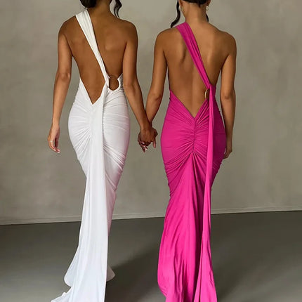 Hugcitar One Shoulder Backless Adjustable Scarf Loop Ruched Sexy Maxi Dress 2024 Women Elegant Y2K Streetwear Festival Outfit