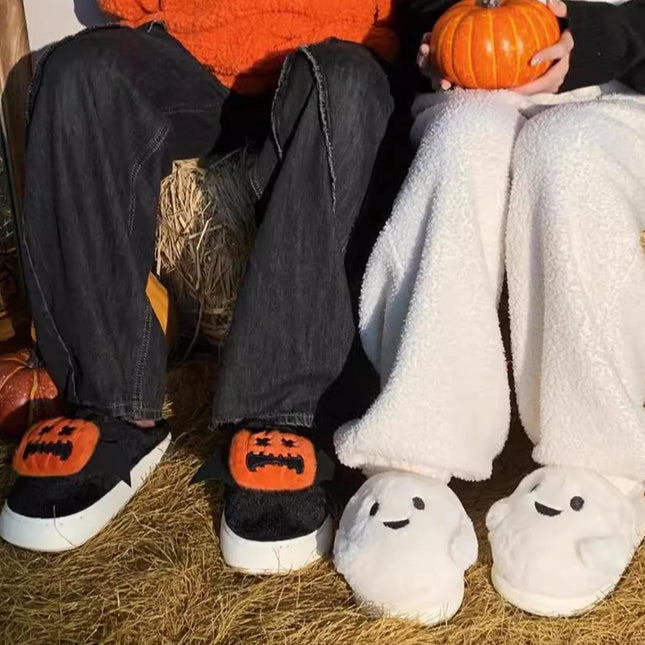 Halloween Ghost Pumpkin Bat Design Women Winter Slippers Casual Soft Heel Platform Fur Warm Indoor Comfortable Man Home Slippers