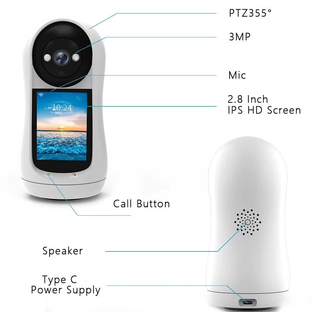 4MP 2K PTZ Wifi Camera Video Call with 2.8 Inch IPS Screen Baby Cry Sound Detection Security IP Camera 3MP Baby Monitor iCSee