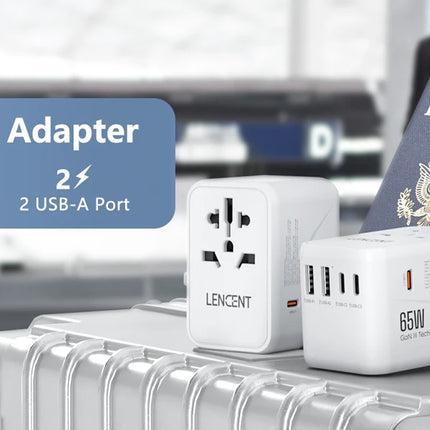 LENCENT 65W/100W GaN International Travel Adapter with 2USB 3 Type C GaN Fast Charging Adapter with EU AU US UK Plug for Travel