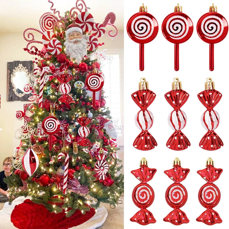 6pcs/box Christmas Tree Pendant Red Star Candy Snowflake Xmas Ball Ornament New Year 2025 Home Decoration Noel Gift Navidad 2024