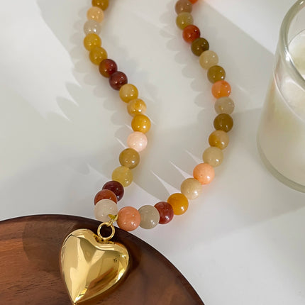 Peri'sbox Bohemia Multi-color Natural Stone Handmade Beaded Chain Waterproof Trendy Gold Plated Heart Pendant Necklace for Women