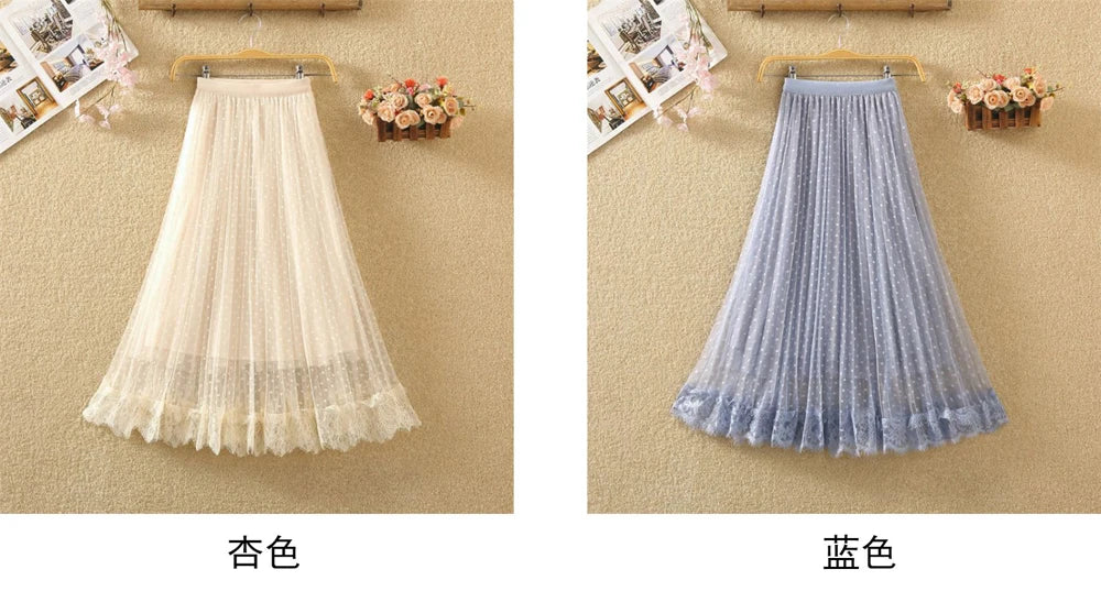 Tutu Tulle Long Maxi Skirt Women Fashion 2023 Korean Cute Pink High Waist Pleated Skirt Mesh Female Lady Aesthetic Faldas
