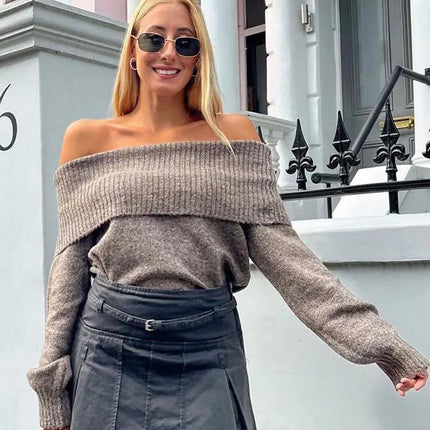 TRAFZA Women Fashion Solid Off Shoulder Sweater Long Sleeve Knitted Pullover Sweater Autumn Female Casual Knitwear Chic Top