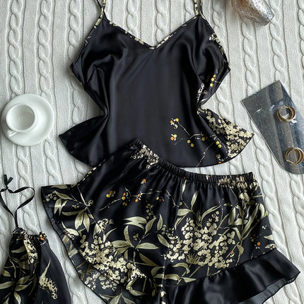Elegant Floral Print Cami Tops   Ruffle Hem Shorts Pajama Set  Women's Sleepwear   Loungewear