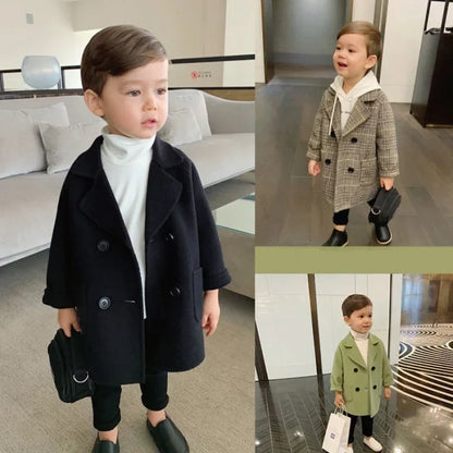 Autumn Winter Boys Fashion Jacket Solid Color Lapel Double-Breasted Long Woollen Overcoat For 2-6 Years Boys Handsome Outwear