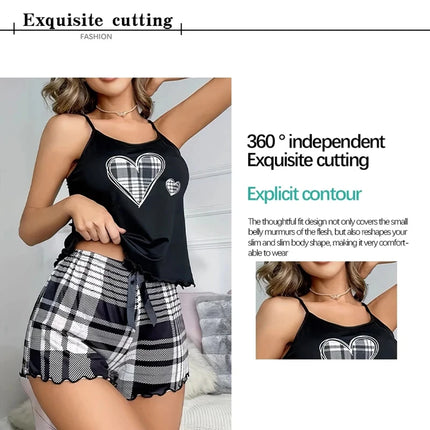 Women's new pajama suspender solid color top plaid shorts two-piece set of home wear