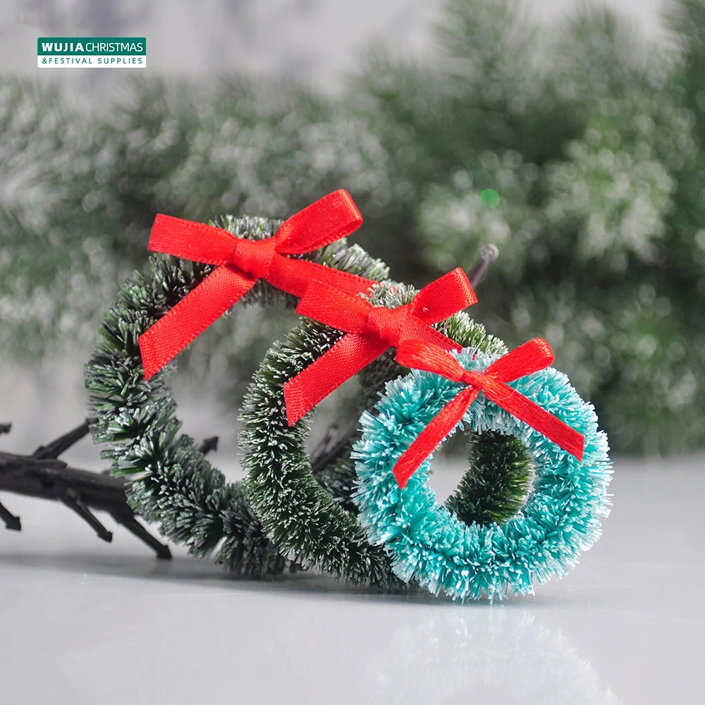 12pcs Christmas Wreath with Bow Xmas Tree Decor Mini Door Garland Hanging Ornaments DIY Dollhouse Pendant for Wedding Noel Party