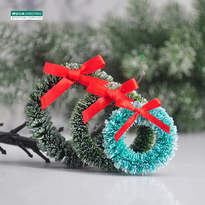 12pcs Christmas Wreath with Bow Xmas Tree Decor Mini Door Garland Hanging Ornaments DIY Dollhouse Pendant for Wedding Noel Party