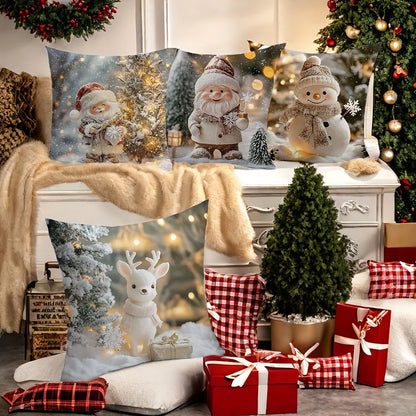 New Christmas Art Cute Christmas Tree Santa Snowman Deer Pattern Pillowcase Home Decoration Pillowcase