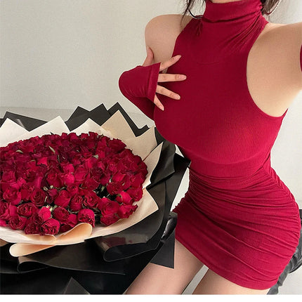 Summer Sexy High Neck Tight Dress Oversleeve Pleated Bottom Wrapped Hip Dress Women Bodycon