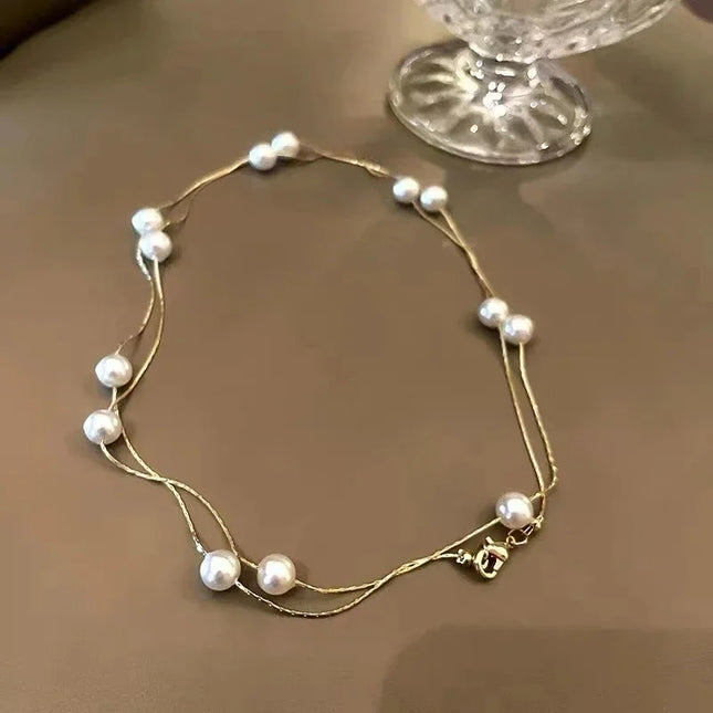 French Elegant Micro Set Zircon Round Buckle Imitation Pearl Beaded Necklace For Women's Temperament Jewelry Sweet Accessories