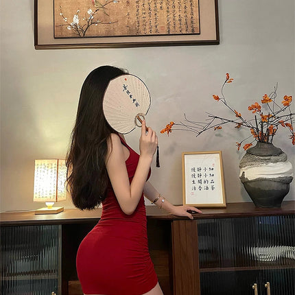 Summer Sexy High Neck Tight Dress Oversleeve Pleated Bottom Wrapped Hip Dress Women Bodycon