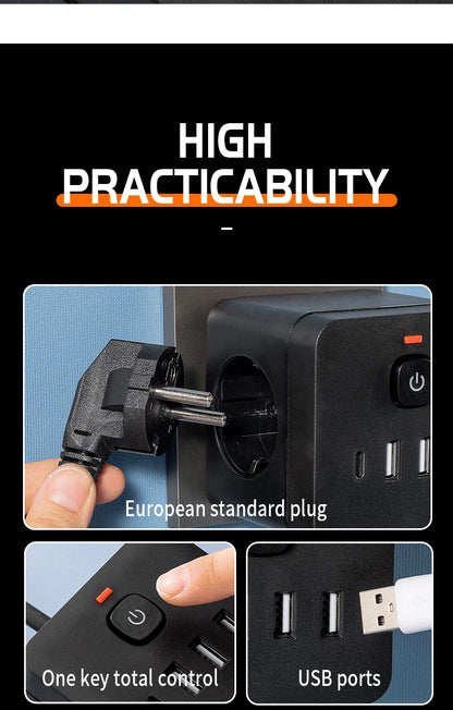 7-in-1 EU Power Strip, Power Strip Surge Protector, 3 AC Outlets 3 USB 1 Type-C, Desktop Charging Station With Overload Protecti