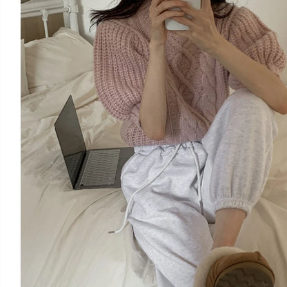 summer autumn Women's Knitted Pullover Fashion puff Sleeve solid Sweater crop Top Elegant loose Lapel Knitted Pullover gray Tops