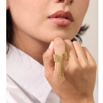 Yhpup Statement Stainless Steel Chain Tassel Finger Ring Adjustable 18K PVD Plated High Quality Charm Stylish Golden Jewelry