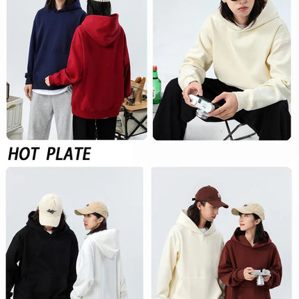16.9oz 480gsm Heavy Weight Cotton Plus Velvet Hooded Sweater Men Thickened Tight Polar Fleece Pullover Hoodie Women Sweatshirt