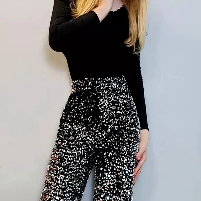 The New Women's Fashion Trendy Sparkling Gold Pants Relaxation of Tall Waist Wide-legged Pants Women's South Korean Style