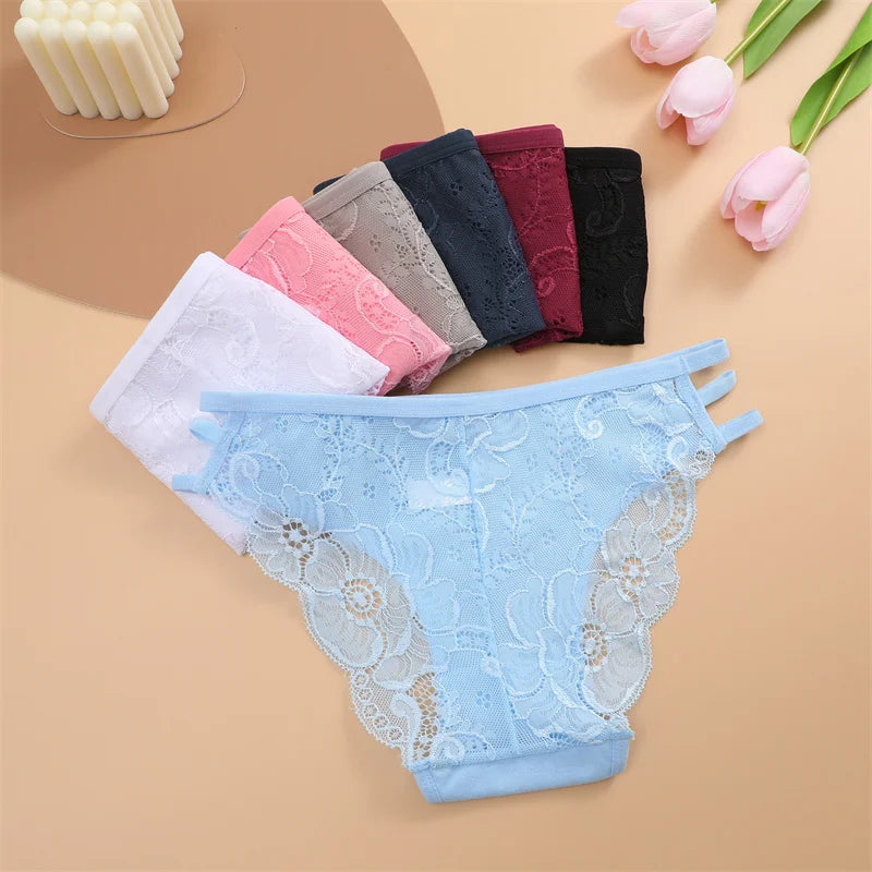 3PC/Set Women Sexy Lace Panties Low Rise Hollow Out Briefs Floral Transparent Underwear for Feamale Elastic Straps Soft Lingerie