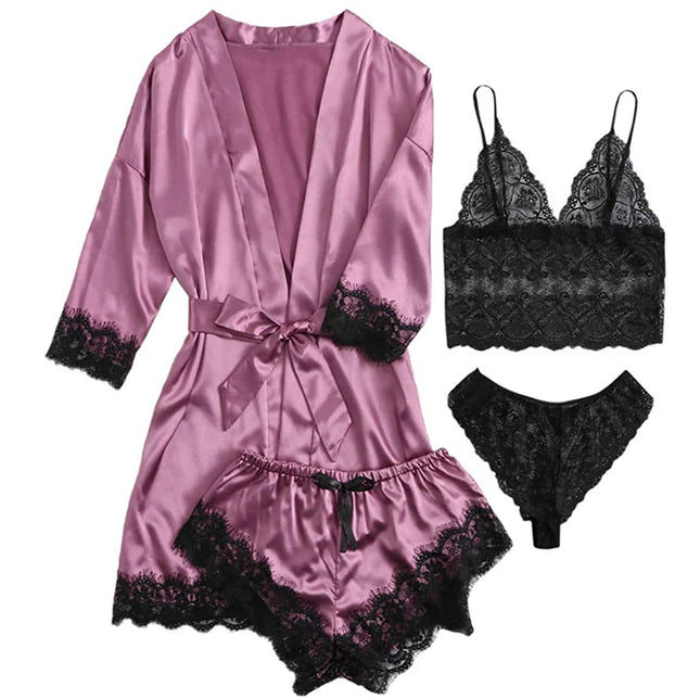 Women's Summer Sexy Pajama Pants Set 4 Pieces Lace Satin With Silk Sleepwear Robe Fashion And Comfortable Nightwear