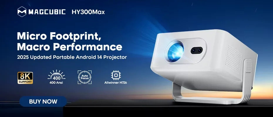 Magcubic Auto Focus Android14 4K Projector 900ANSI 8K Native 1080P HY350Max With Wifi6 BT5.4 16G Allwinner H726 Portable Outdoor