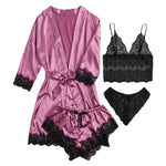 Women's Satin Pajama Set 4pcs Floral Lace Trim Cami Lingerie Sleepwear with Robe Sleepwear Lace Cami Shorts Loungewear Pink