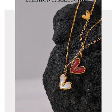 Yhpup Red Enamel White Natural Shell Stainless Steel Heart Pendant Necklace Trendy Exquisite Jewelry Attractive Accessories