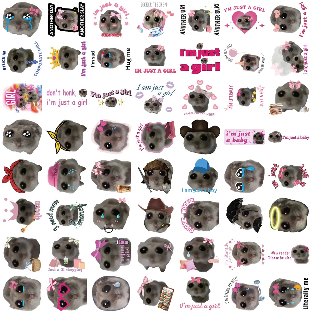 56PCS Sad Hamster Meme Cute Mouse Fun Pattern Sticker Aesthetic Kawaii Decals Cute Cartoon Laptop Luggage Bicycle Diary Stickers