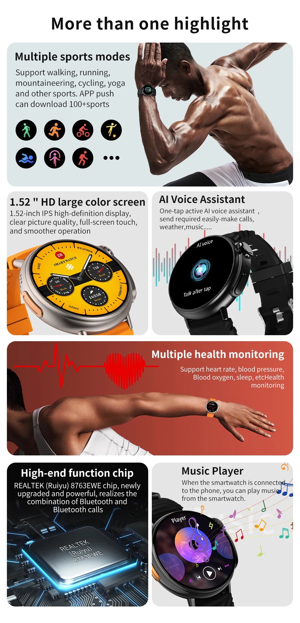 1.52 inch Bluetooth Call Smart Watch Men Sports Fitness Tracker Heart Rate Monitor Music Playback Smartwatch For Android IOS