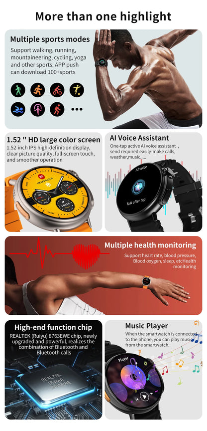 1.52 inch Bluetooth Call Smart Watch Men Sports Fitness Tracker Heart Rate Monitor Music Playback Smartwatch For Android IOS