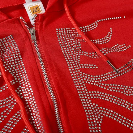 Y2K Rhinestone Skeleton Hoodies Women Gothic Black Zip Up Oversized Sweatshirts Female Retro Harajuku Hooded Jacket Streetwear