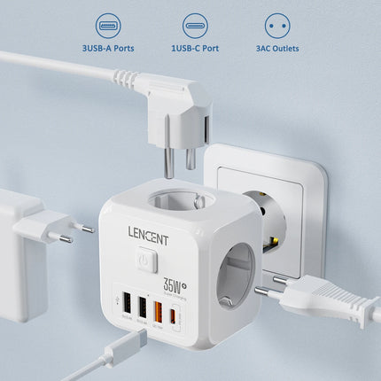 LENCENT Wall Socket Extender with 3 AC Outlets 3 USB Ports And1 Type C 7-in-1 EU Plug Charger On/Off Switch for Home