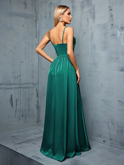 Mgiacy Thin straps Deep V-neck bust pleats cross sequins waist trim patchwork tint slit A full skirt Evening gown PROM dress