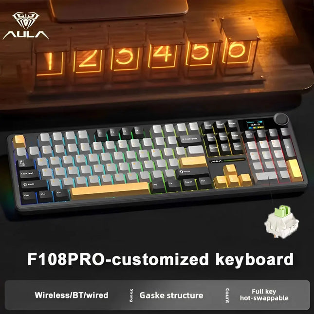 AULA F108 Pro Gaming Mechanical Keyboard Tri Mode Custom Multi-Knob Screen RGB Esports Wireless Keyboard with TFT Smart Display