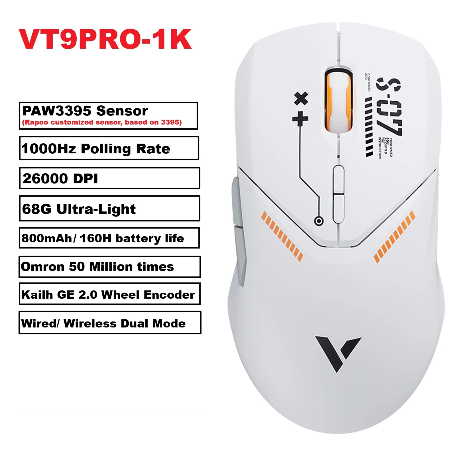 Rapoo VT9PRO PAW3398 Wireless Gaming Mouse 26000DPI 68g Lightweight Wired Wireless Mouse 160H Super Long Battery Life