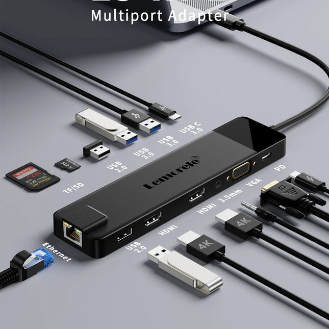 Lemorele 4K USB Hub USB C to Dual HDMI VGA Gigabit Docking Station USB 3.0 VGA Adapter SD Card Readers  for Windows MacBook Air