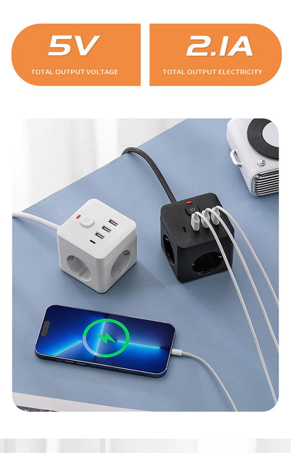 7-in-1 EU Power Strip, Power Strip Surge Protector, 3 AC Outlets 3 USB 1 Type-C, Desktop Charging Station With Overload Protecti