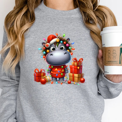Christmas Santa Hippo Trending Sweatshirts Festive Hippo Lights Design Hoodies Women Cute Animal Lovers Gift Holiday Sweatshirt