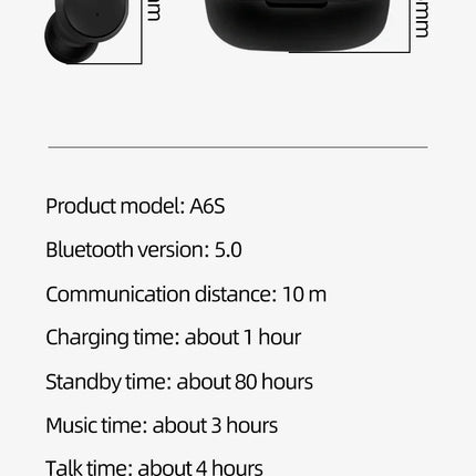 A6S TWS Bluetooth Wireless Headphones Wireless Earbuds 5.0 TWS Earphone Noise Cancelling Mic for Xiaomi iPhone Huawei Samsung