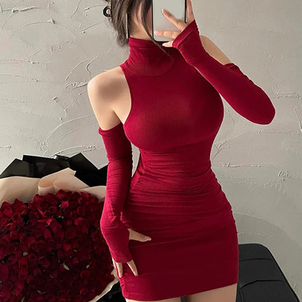 Summer Sexy High Neck Tight Dress Oversleeve Pleated Bottom Wrapped Hip Dress Women Bodycon