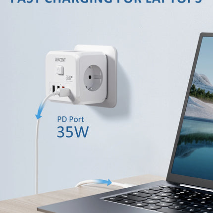 LENCENT Wall Socket Extender with 3 AC Outlets 3 USB Ports And1 Type C 7-in-1 EU Plug Charger On/Off Switch for Home