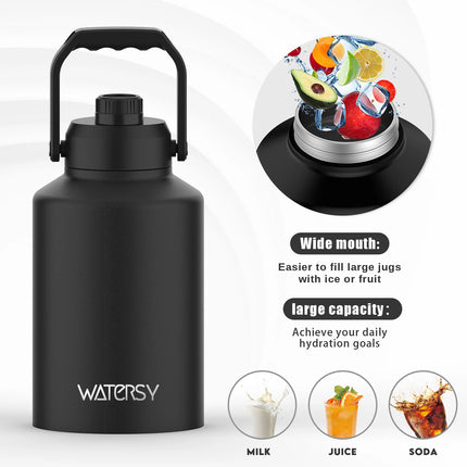 Watersy 68oz/128oz Stainless Steel Water Jug Black Big thermos Large Water Bottle with Handle for Gym,Hiking,Camping&Travel
