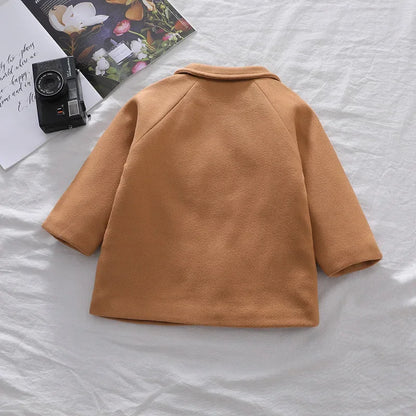 Autumn Winter Boys Fashion Jacket Solid Color Lapel Double-Breasted Long Woollen Overcoat For 2-6 Years Boys Handsome Outwear