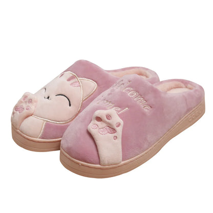 Women Home Slippers Winter Cartoon Cat Slippers Anti Slip Soft Warm Plush Indoor House Slippers Bedroom Couples Floor Shoes