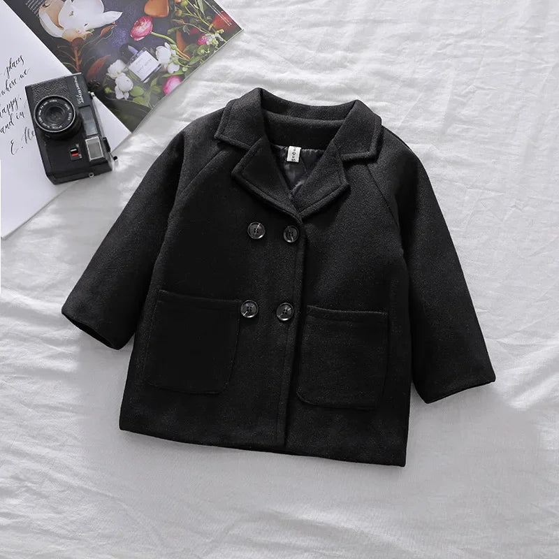Autumn Winter Boys Fashion Jacket Solid Color Lapel Double-Breasted Long Woollen Overcoat For 2-6 Years Boys Handsome Outwear