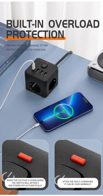 7-in-1 EU Power Strip, Power Strip Surge Protector, 3 AC Outlets 3 USB 1 Type-C, Desktop Charging Station With Overload Protecti