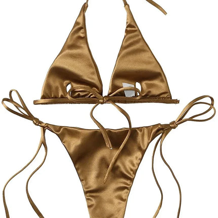 Halter Brazilian Metallic Satin Bikini Women Swimwear Female Swimsuit Two-pieces Bikini Set High Cut Bathing Suit Swim Beachwear